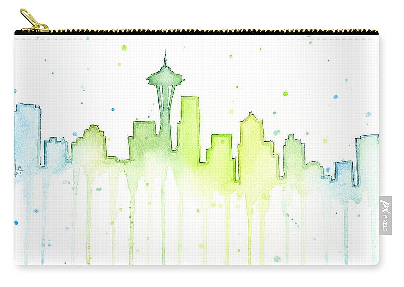 Seattle Zip Pouch featuring the painting Seattle Skyline Watercolor by Olga Shvartsur