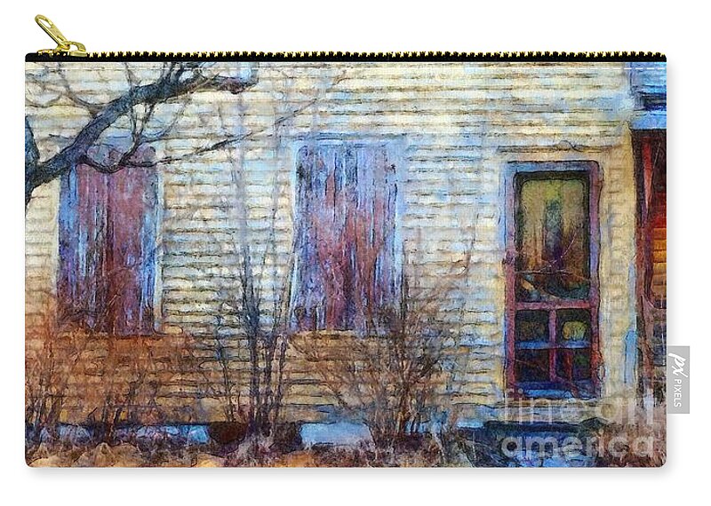 Farmhouse Zip Pouch featuring the photograph September's gone - Yellow farmhouse windows by Janine Riley