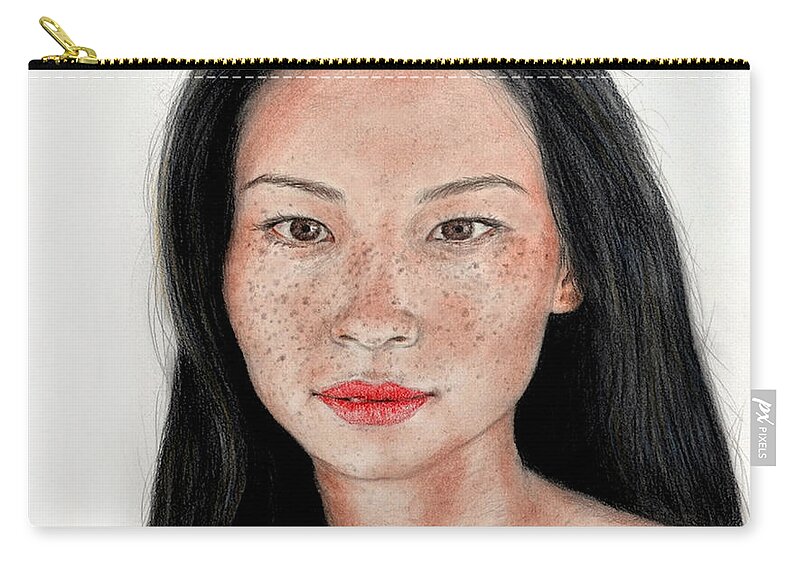 Drawing Zip Pouch featuring the mixed media Sexy Freckle Faced Beauty Lucy Liu by Jim Fitzpatrick