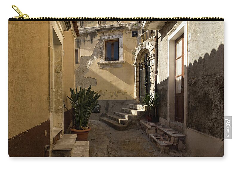 Shabby Chic Zip Pouch featuring the photograph Shabby Chic - Cool Shadows Highlight Crumbling Walls in a Tiny Italian Lane by Georgia Mizuleva