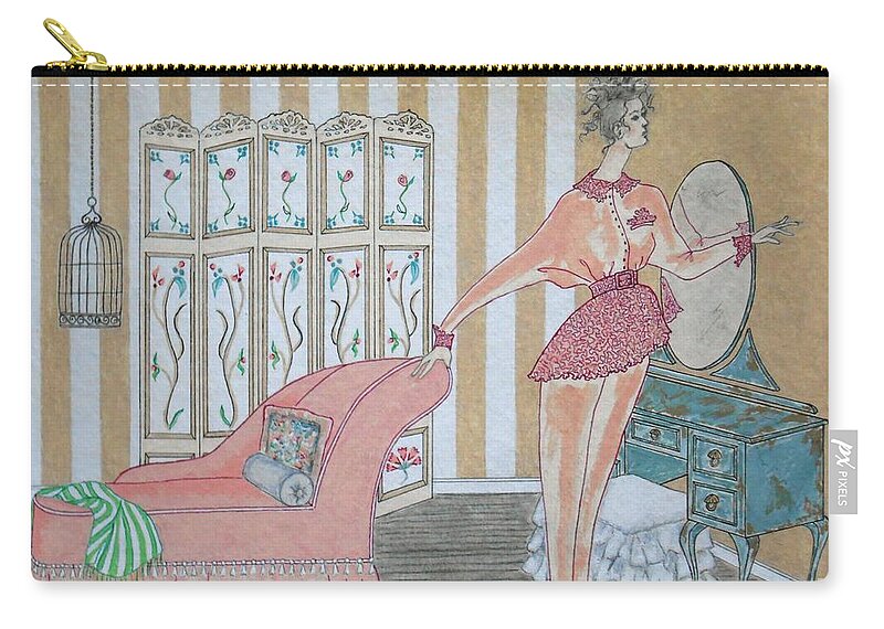 Shabby Chic Zip Pouch featuring the painting Shabby Chic -- Art Deco Interior w/ Fashion Figure by Jayne Somogy