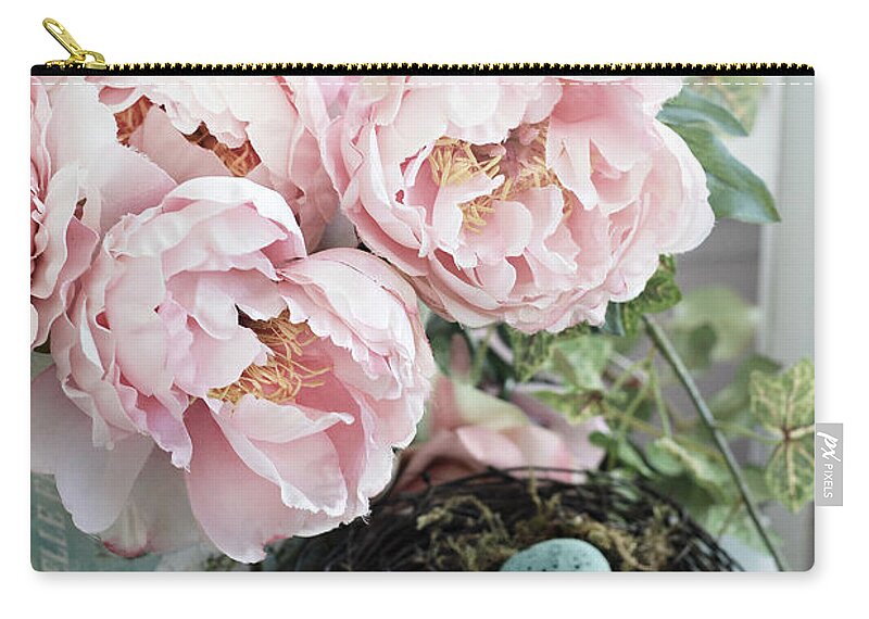 Peony Zip Pouch featuring the photograph Shabby Chic Peonies With Bird Nest Robins Eggs - Summer Garden Peonies by Kathy Fornal
