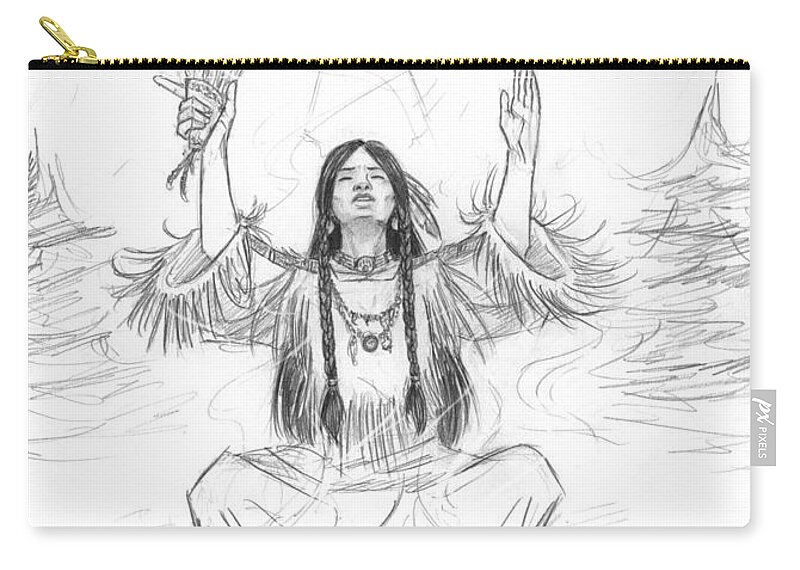 First Nations Zip Pouch featuring the drawing Shaman's Breath by Brandy Woods