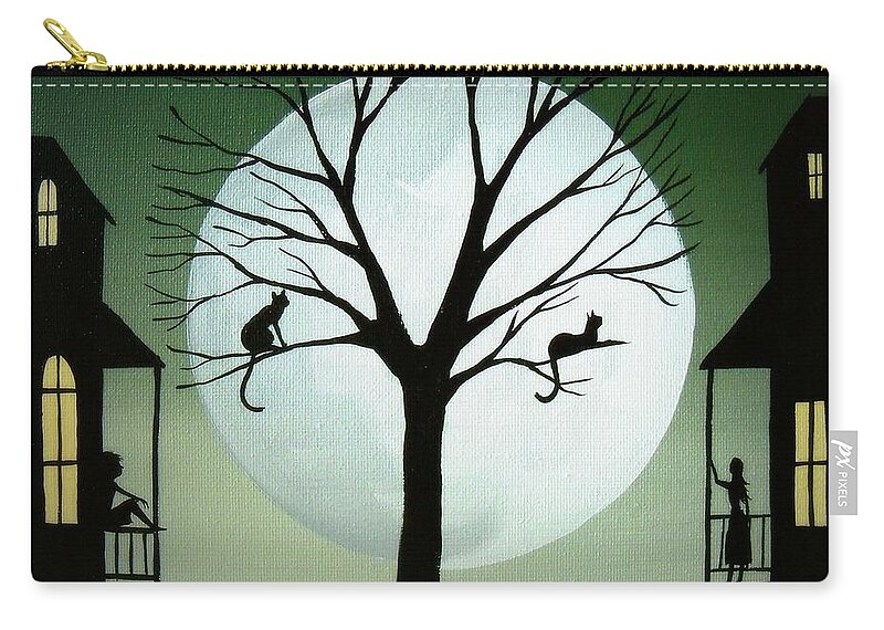 Folk Art Zip Pouch featuring the painting Sharing The Moon - cat silhouette art by Debbie Criswell