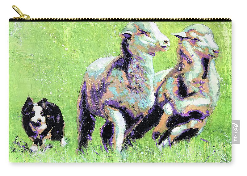 Sheep Zip Pouch featuring the painting Sheep and Dog by Steve Gamba