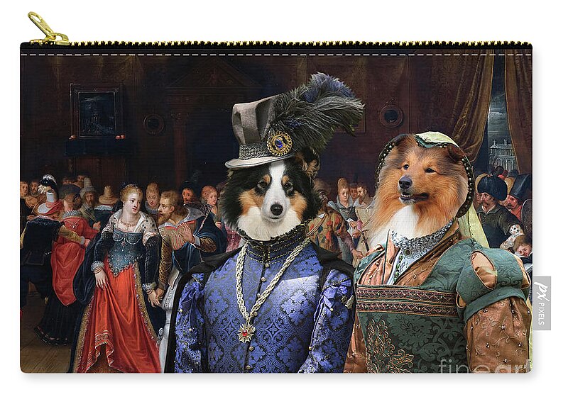 Sheltie Zip Pouch featuring the painting Shetland Sheepdog Art Canvas Print - An Interior Scene with Elegant Figures at a Wedding by Sandra Sij
