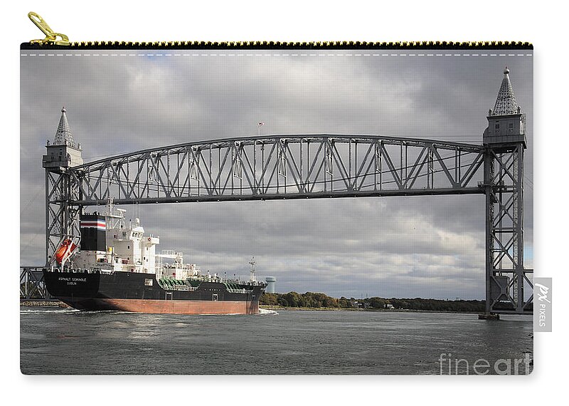Bridge Zip Pouch featuring the photograph Ship Under the Railroad Bridge on the Cape Cod Canal by William Kuta