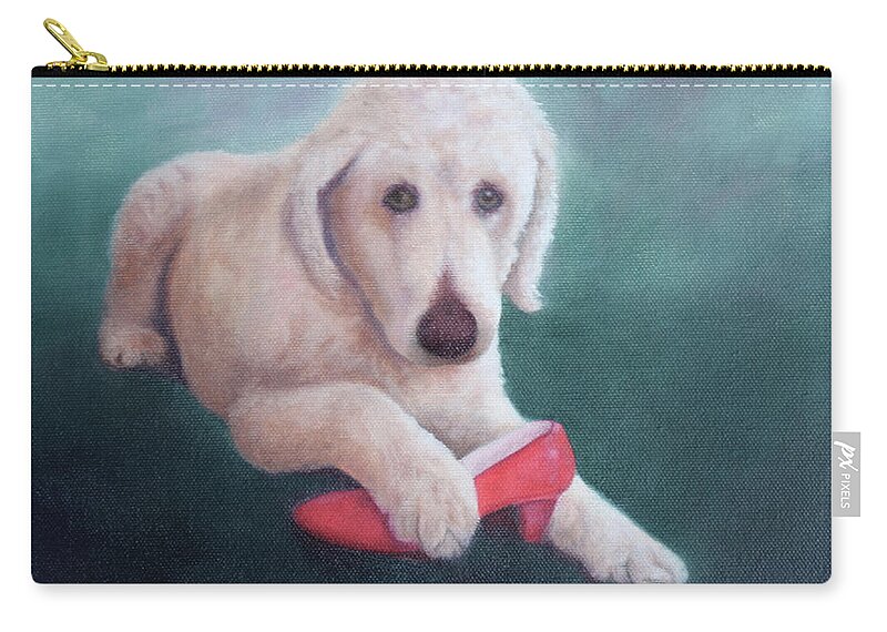 Dog With Shoe Carry-all Pouch featuring the painting Shoe Fetish by Marg Wolf