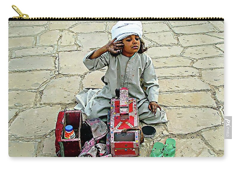 Africa Zip Pouch featuring the digital art Shoeshine Girl - Nile River, Egypt by Joseph Hendrix