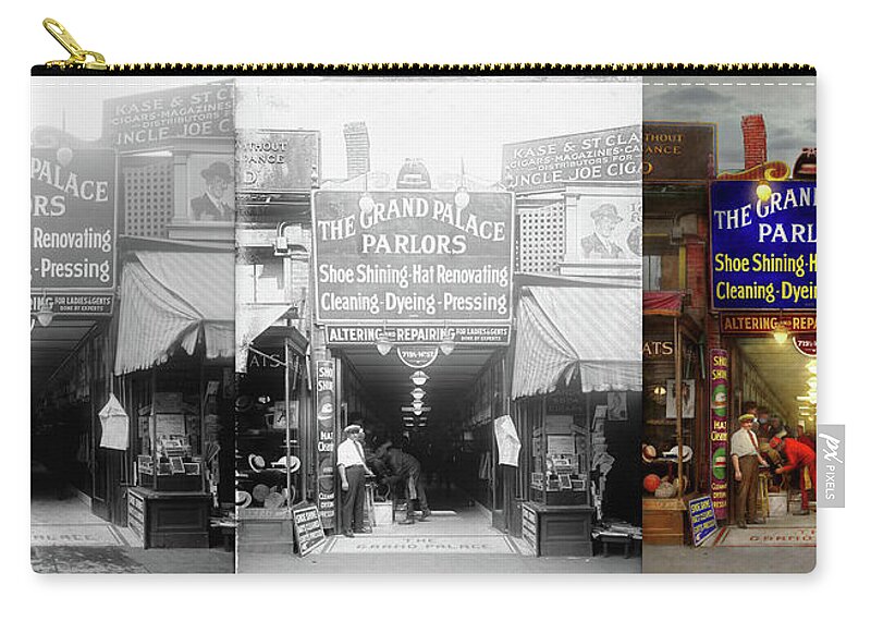 Color Zip Pouch featuring the photograph Shoeshine - The Grand Palace Parlors 1922 - Side by Side by Mike Savad