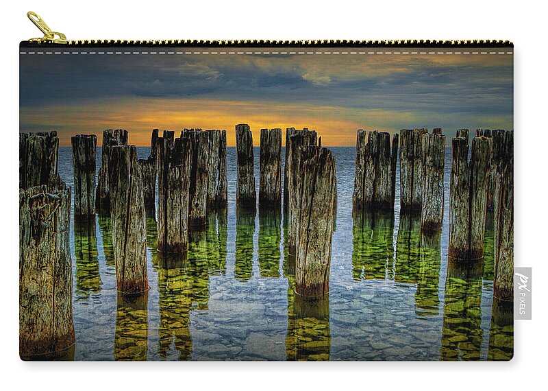 Art Zip Pouch featuring the photograph Shore Pilings at Sunset by Fayette State Park by Randall Nyhof