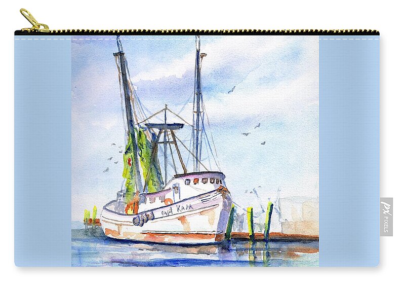 Shrimp Boat Zip Pouch featuring the painting Shrimp Boat Gulf Fishing by Carlin Blahnik CarlinArtWatercolor