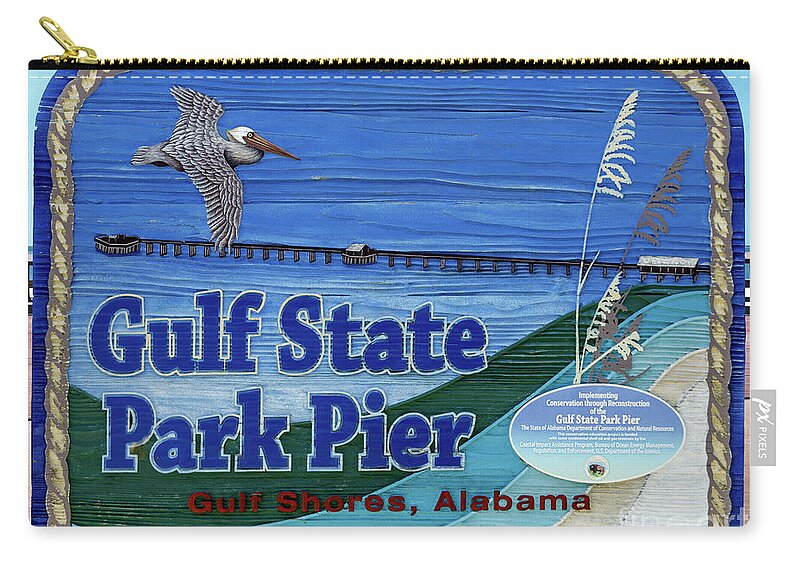 2017 Zip Pouch featuring the photograph Sign Gulf Shores State Park Pier Al 1604a by Ricardos Creations