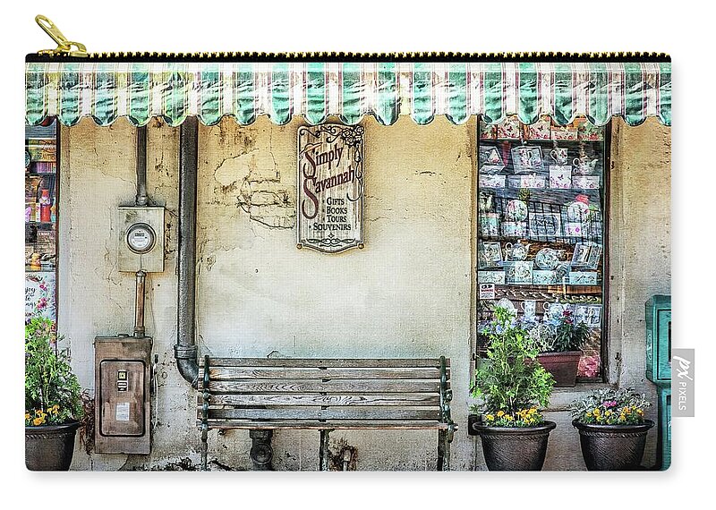 Savannah Zip Pouch featuring the photograph Simply Savannah Bench Historic River Street by Melissa Bittinger