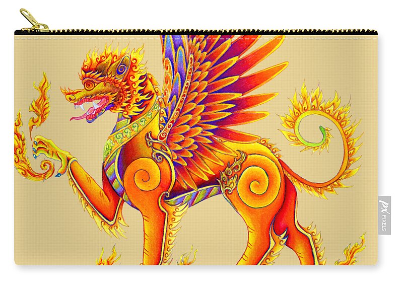 Singha Zip Pouch featuring the drawing Singha Balinese Winged Lion by Rebecca Wang