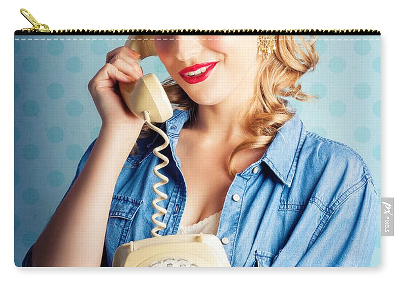 Office Zip Pouch featuring the photograph Sixties Woman Holding Vintage Telephone Handset by Jorgo Photography