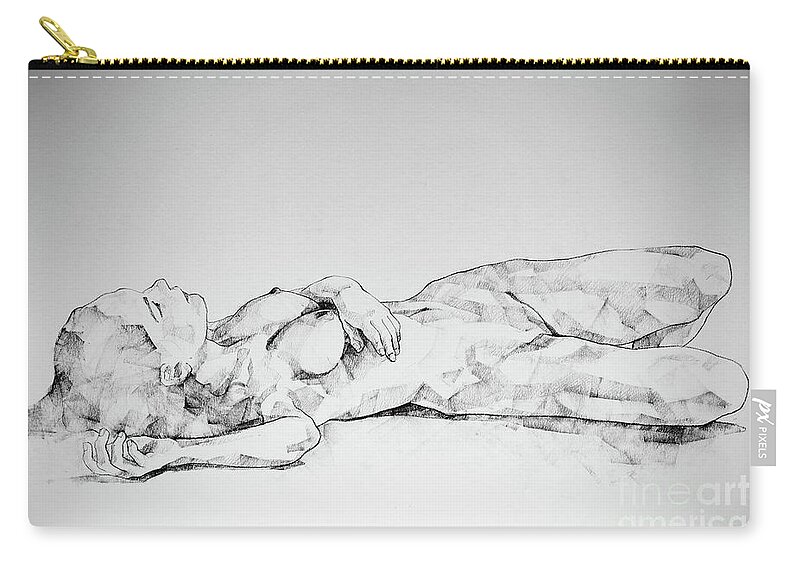 Art Zip Pouch featuring the drawing SketchBook Page 40 I Lying Girl Charcoal Drawing by Dimitar Hristov