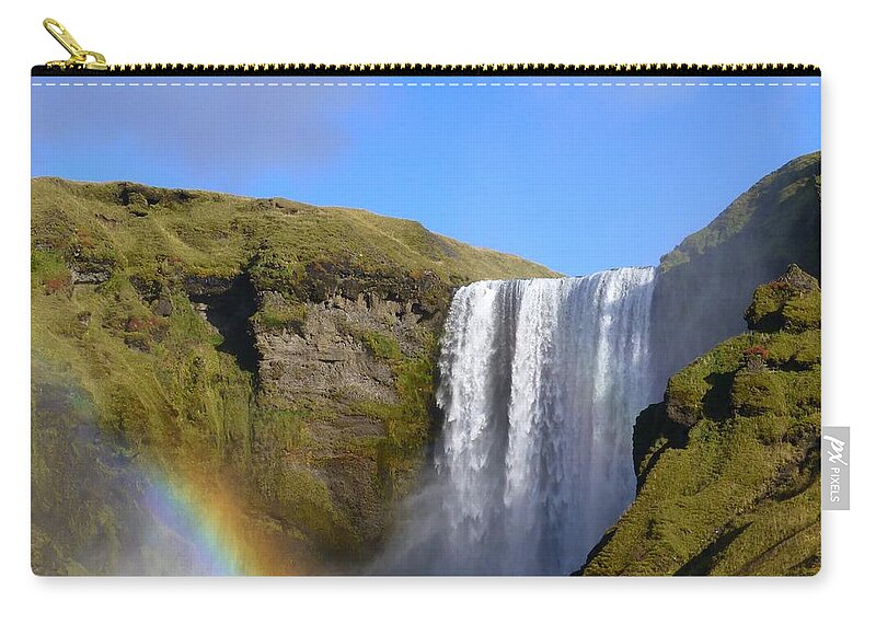 Skogafoss Waterfall Zip Pouch featuring the photograph Skogafoss Waterfall with Rainbow 151 by Barbie Corbett-Newmin