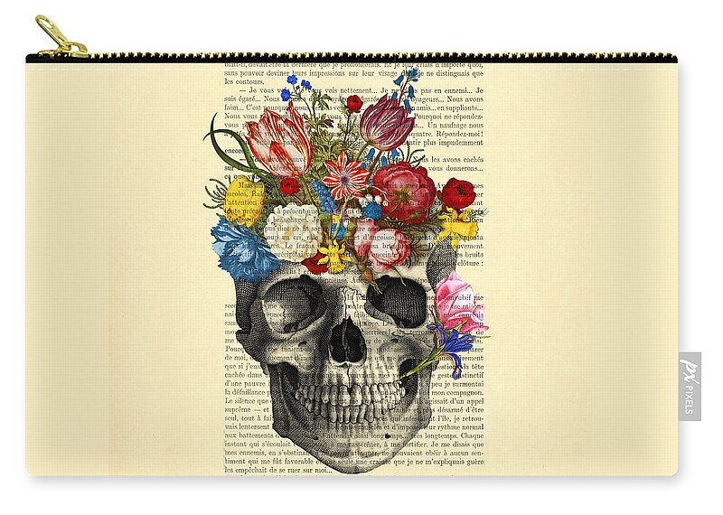 Till Death Do Us Part Zip Pouch featuring the digital art Skull With Flowers Vintage Illustration by Madame Memento