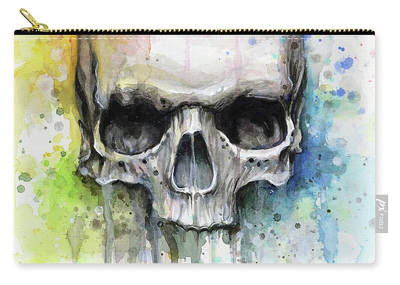 Skull Zip Pouch featuring the painting Skull Watercolor Rainbow by Olga Shvartsur