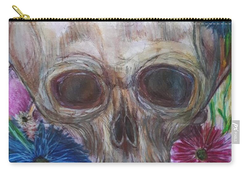 Skull Zip Pouch featuring the drawing Skull with flowers and ribbon by Lisa Koyle