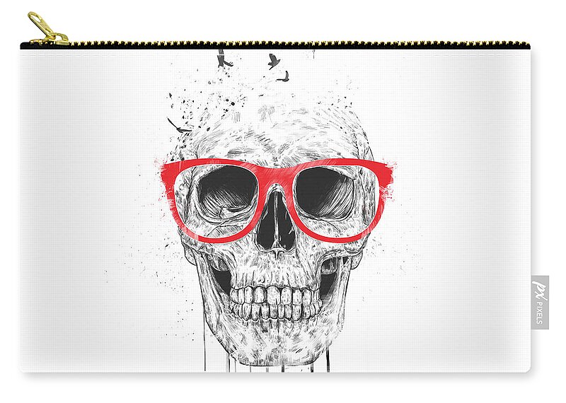 Skull Carry-all Pouch featuring the mixed media Skull with red glasses by Balazs Solti