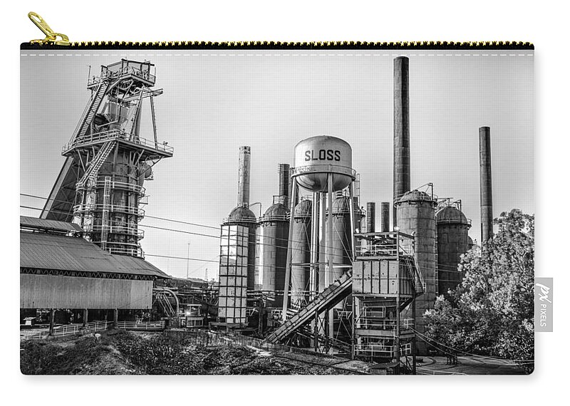 Birmingham Zip Pouch featuring the photograph Sloss Furnace Black White in Birmingham Alabama by Michael Thomas