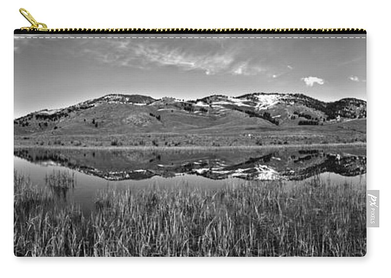 Slough Creek Zip Pouch featuring the photograph Slough Creek Reflection Panorama Black And White by Adam Jewell