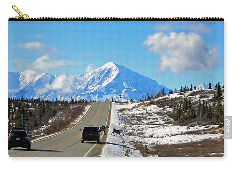 Caribou Zip Pouch featuring the photograph Small Alaska Traffic Jam by Cathy Mahnke
