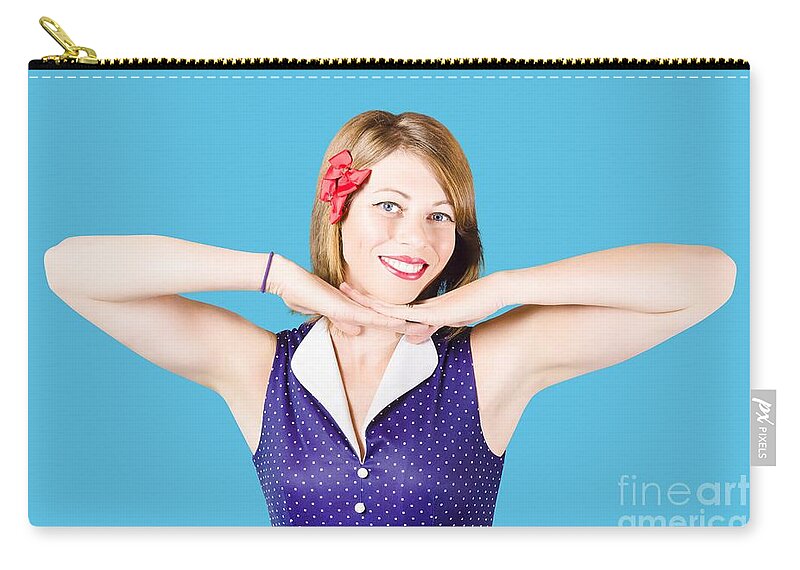 Happiness Zip Pouch featuring the photograph Smiling retro woman showing lipstick makeup by Jorgo Photography