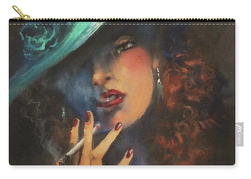 Woman Smoking Cigarette Carry-all Pouch featuring the painting Smoke Gets In Your Eyes by Tom Shropshire
