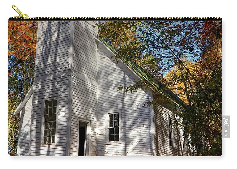 Smokemont Baptist Church In The Great Smoky Mountain National Park Zip Pouch featuring the photograph Smokemont Baptist Church In The Great Smoky Mountain National Park During Fall by Carol Montoya
