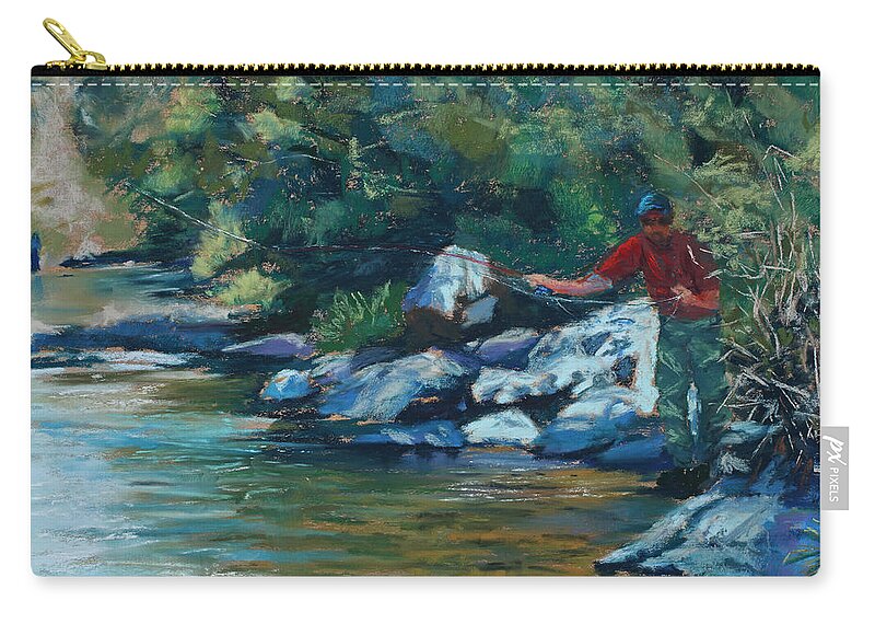 Flyfishing Zip Pouch featuring the painting Sneaking Up on a Rainbow by Mary Benke