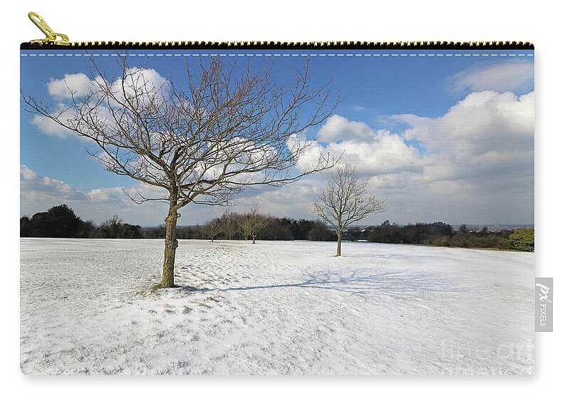 Snow And Sunshine On Epsom Downs Surrey Landscape Snowy Scene Zip Pouch featuring the photograph Snow and Sunshine on Epsom Downs Surrey 10 by Julia Gavin