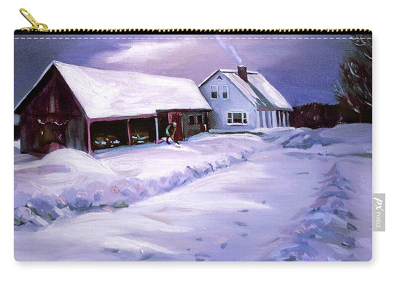 Winter Zip Pouch featuring the painting Snow Before Seven at Humpal's Home 2005 by Nancy Griswold