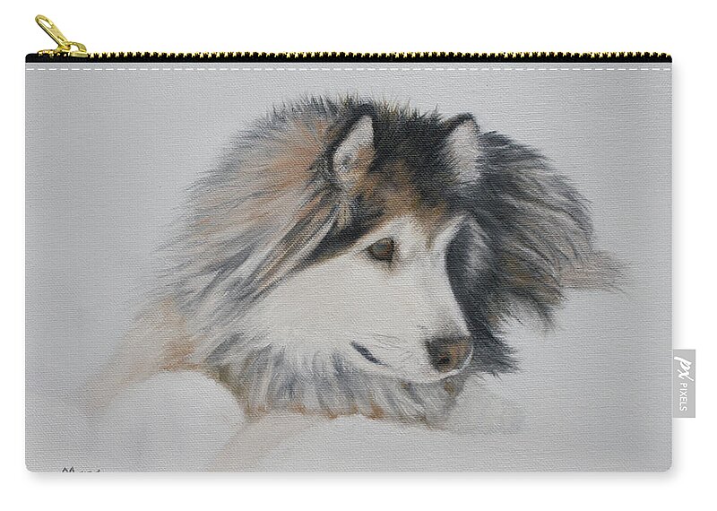 Dog Zip Pouch featuring the painting Snow Dog by Marg Wolf