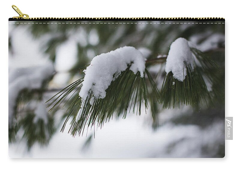 Andrew Pacheco Zip Pouch featuring the photograph Snow Falling on The White Pines by Andrew Pacheco