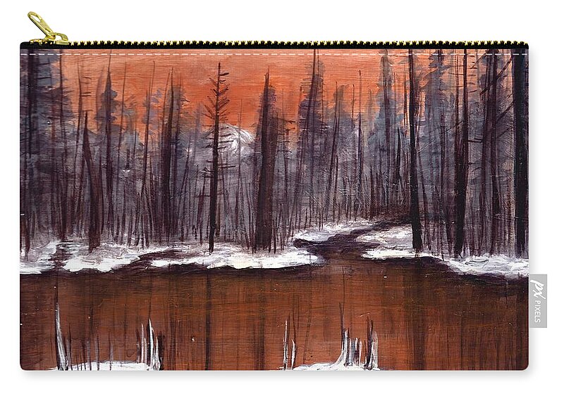 #snow #trees #water #forests #lakes #frozen #landscapes #glow #copper Zip Pouch featuring the painting Snow Glow by Allison Constantino