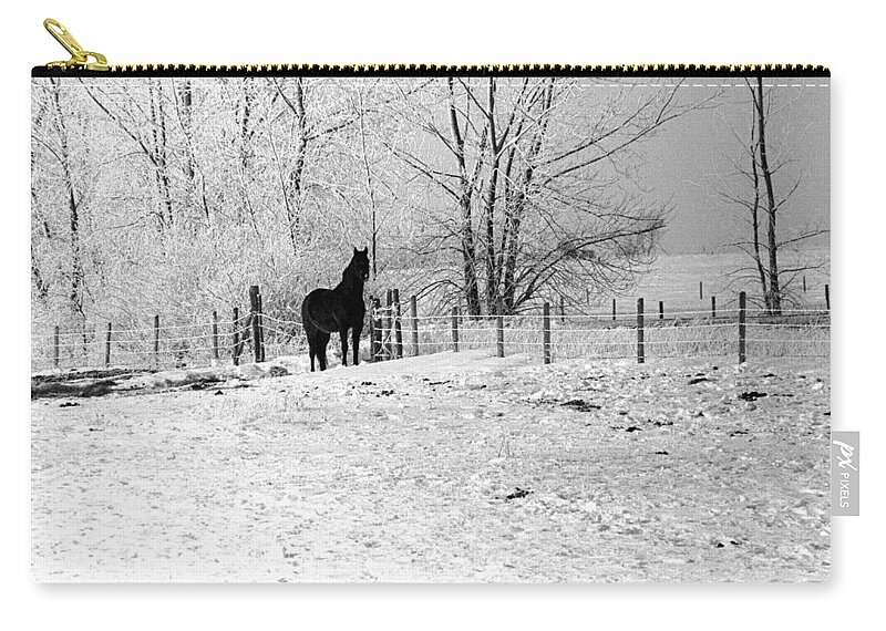 Horse Ward County North Dakota Zip Pouch featuring the photograph Snow Horse by William Kimble