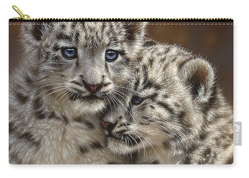 Snow Leopard Art Zip Pouch featuring the painting Snow Leopard Cubs - Playmates by Collin Bogle