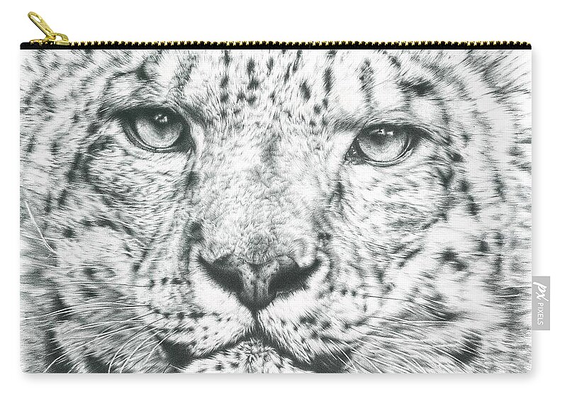 Snow Leopard Zip Pouch featuring the drawing Snow Leopard by Casey 'Remrov' Vormer