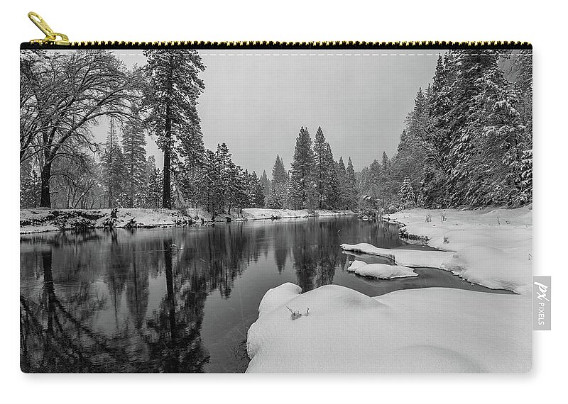 Landscape Zip Pouch featuring the photograph Snow Shower Along Merced Riverbank by Jonathan Nguyen