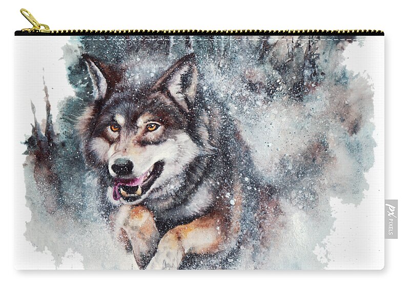 Wolf Zip Pouch featuring the painting Snow Storm by Peter Williams
