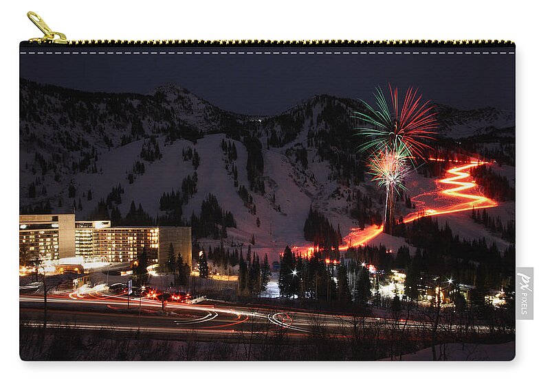 Landscape Carry-all Pouch featuring the photograph Snowbird Torchlight Parade and Firework by Brett Pelletier