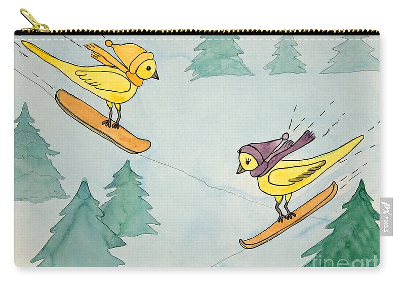 Snowboarding Zip Pouch featuring the painting Snowboarding Birds by Norma Appleton