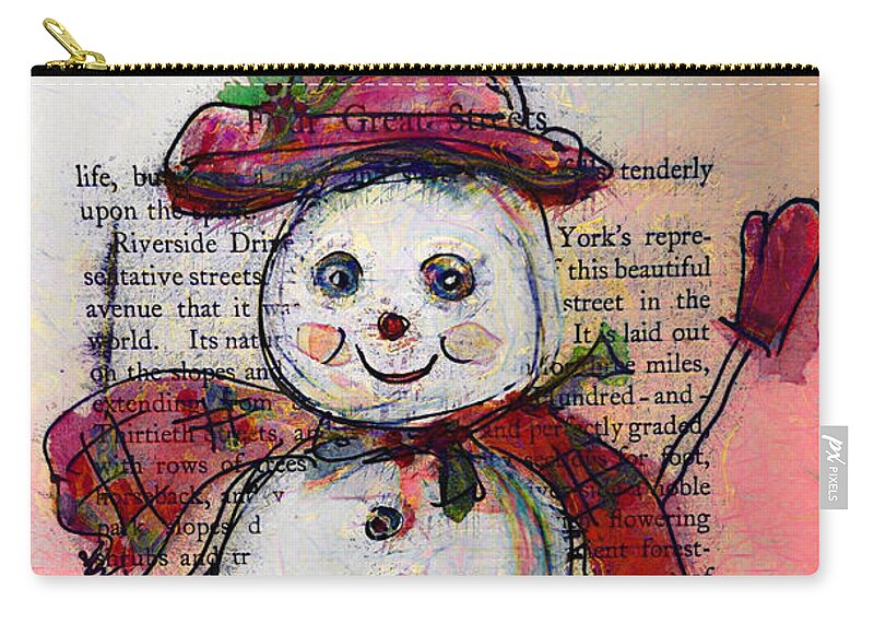 Snowman Zip Pouch featuring the painting Snowman with Red Hat and Mistletoe by Claire Bull