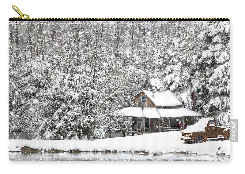 Cabin Zip Pouch featuring the photograph Snowy Day at the Cabin by Benanne Stiens