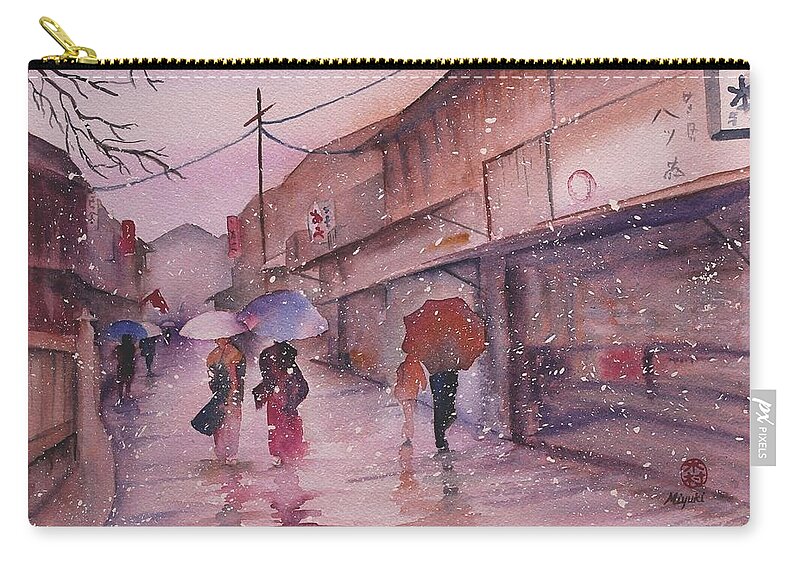Kyoto Carry-all Pouch featuring the painting Snowy Kyoto Day by Kelly Miyuki Kimura