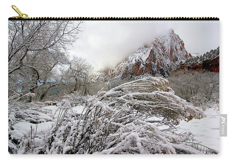 Zion Zip Pouch featuring the photograph Snowy Mountains in Zion by Daniel Woodrum
