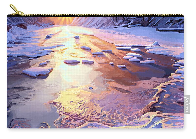 Trees Zip Pouch featuring the painting Snowy River Sunset by Jackie Case